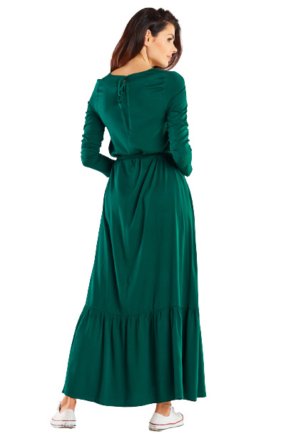 Sukienka Maxi Z Wiskozy Rozkloszowana Z Falbaną Długi Rękaw - zielona